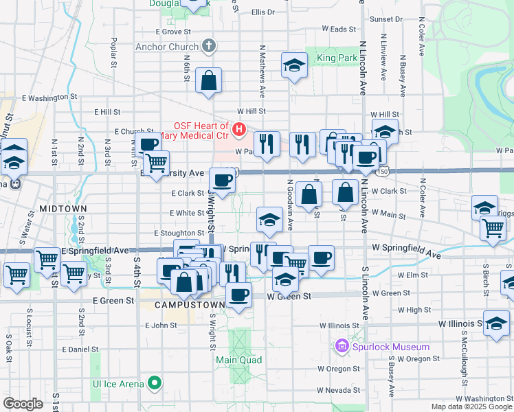 map of restaurants, bars, coffee shops, grocery stores, and more near 301 North Mathews Avenue in Urbana