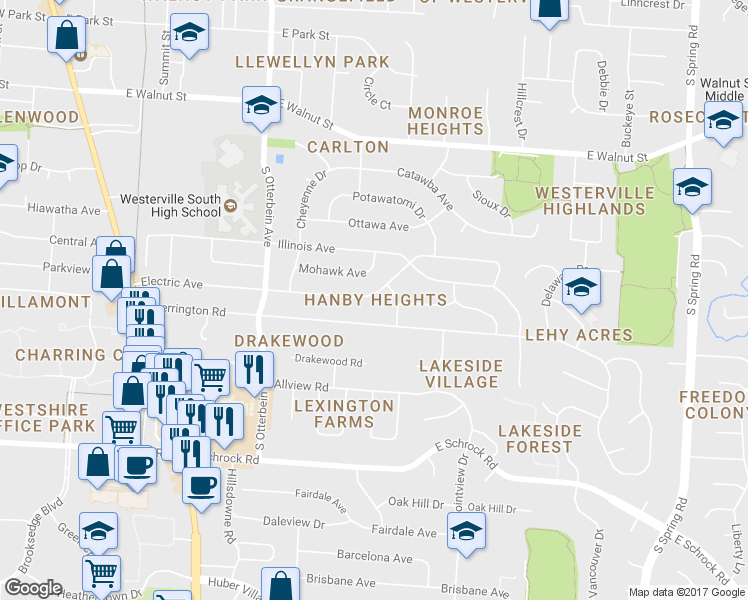 map of restaurants, bars, coffee shops, grocery stores, and more near 291 Electric Avenue in Westerville