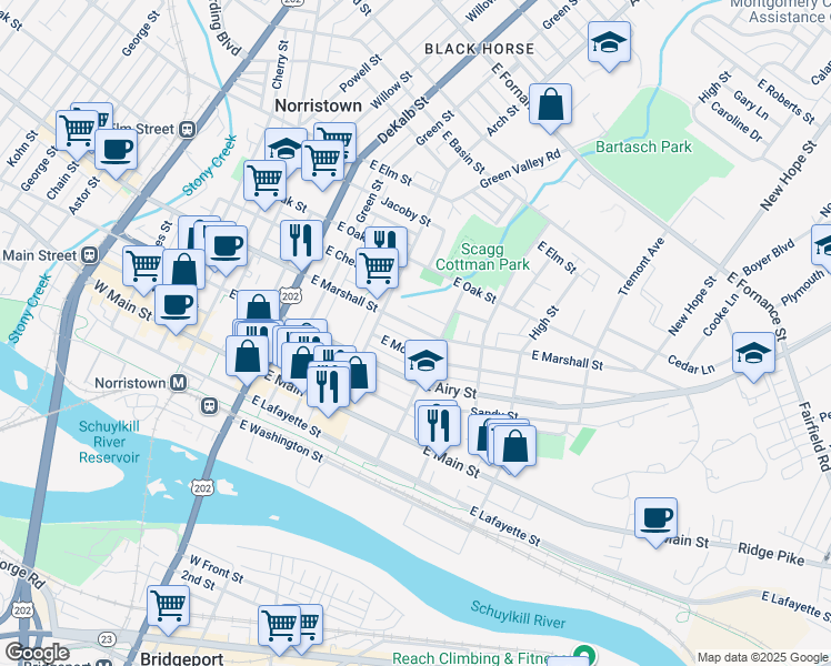 map of restaurants, bars, coffee shops, grocery stores, and more near 340 East Marshall Street in Norristown
