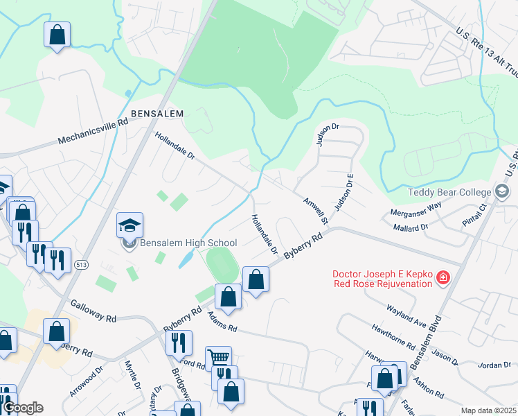 map of restaurants, bars, coffee shops, grocery stores, and more near 4803 Charmaine Court in Bucks County