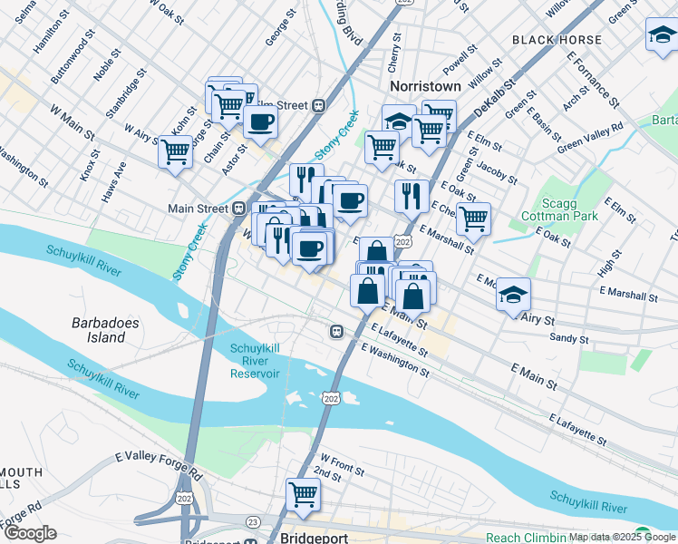 map of restaurants, bars, coffee shops, grocery stores, and more near 9 East Main Street in Norristown