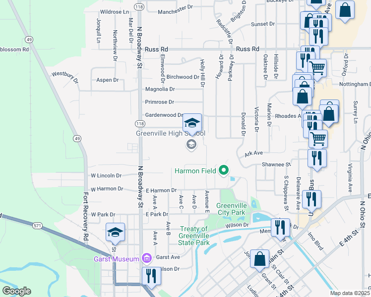 map of restaurants, bars, coffee shops, grocery stores, and more near 100 Greenwave Way in Greenville