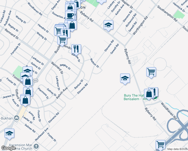 map of restaurants, bars, coffee shops, grocery stores, and more near 11849 Sewell Road in Philadelphia