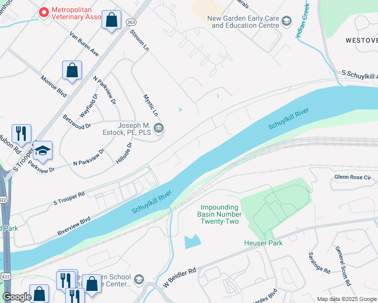map of restaurants, bars, coffee shops, grocery stores, and more near 76 West Indian Lane in Norristown