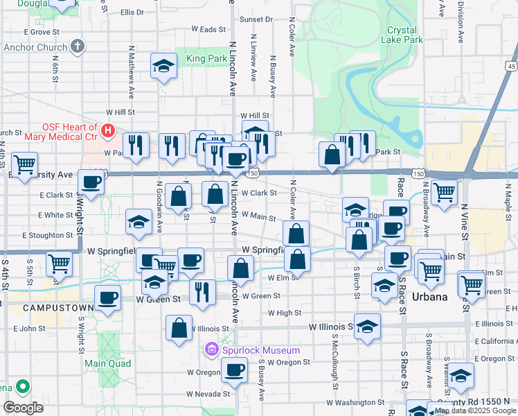 map of restaurants, bars, coffee shops, grocery stores, and more near 804 West Main Street in Urbana