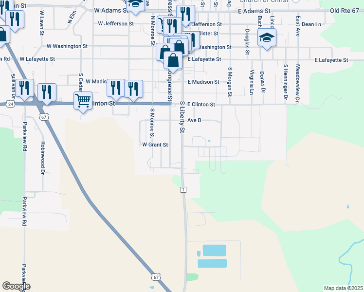map of restaurants, bars, coffee shops, grocery stores, and more near 398 South Liberty Street in Rushville