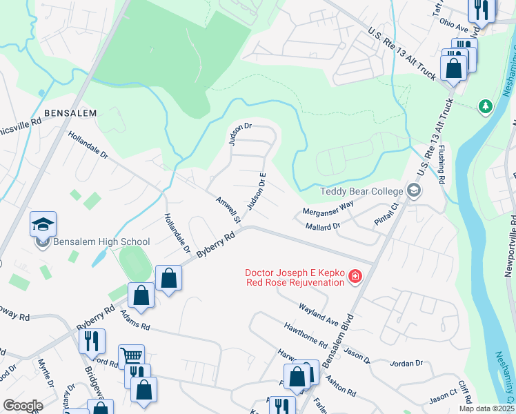 map of restaurants, bars, coffee shops, grocery stores, and more near 1393 Abbey Way in Bensalem