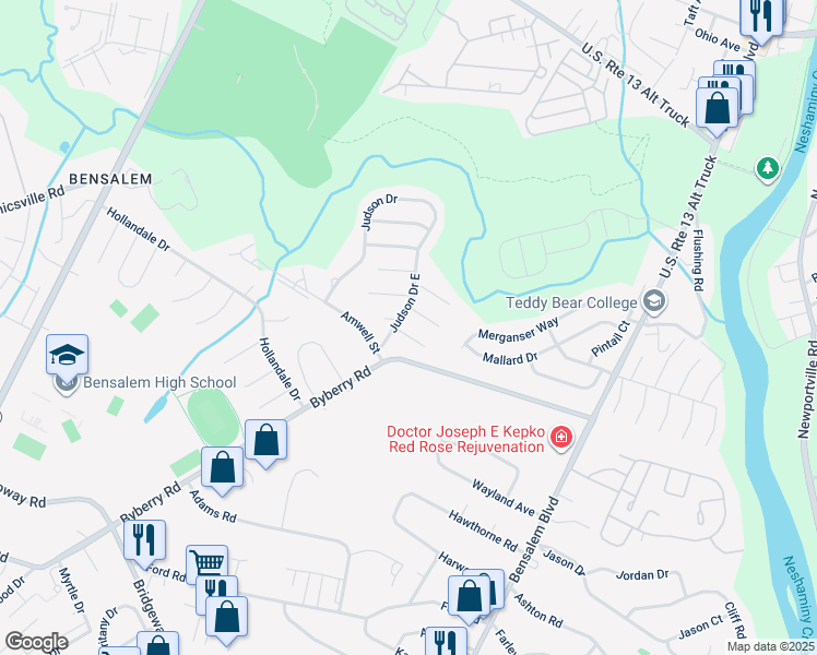 map of restaurants, bars, coffee shops, grocery stores, and more near 1393 Abbey Way in Bensalem