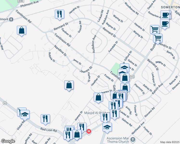 map of restaurants, bars, coffee shops, grocery stores, and more near 492 Parlin Street in Philadelphia