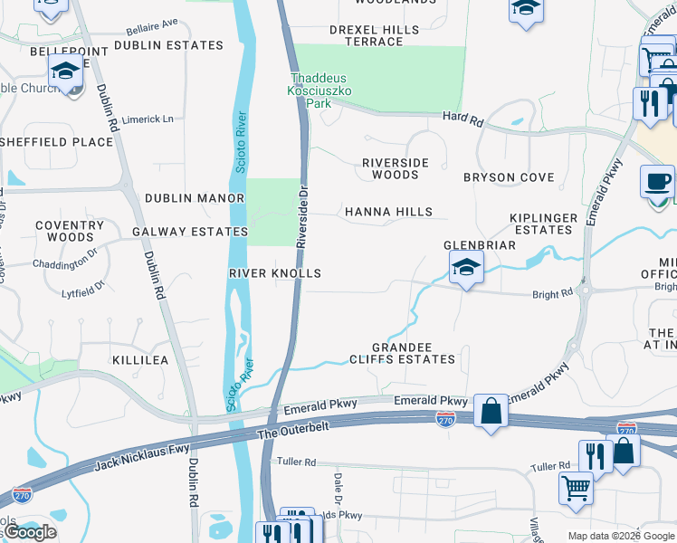 map of restaurants, bars, coffee shops, grocery stores, and more near 4700 Bright Road in Dublin