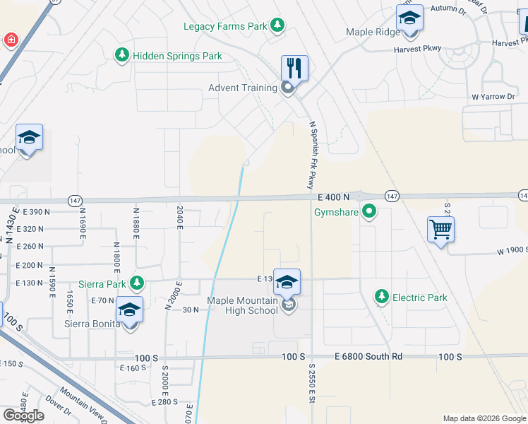 map of restaurants, bars, coffee shops, grocery stores, and more near 285 North 2350 East in Spanish Fork