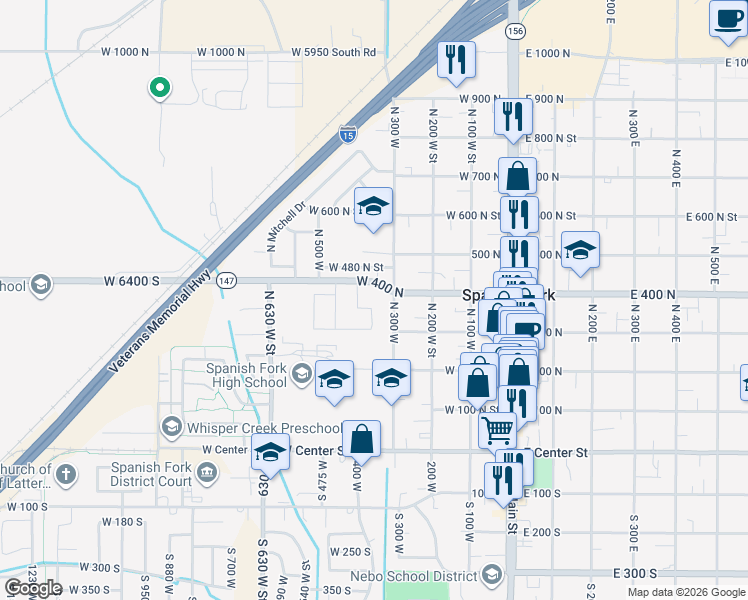map of restaurants, bars, coffee shops, grocery stores, and more near 347 North 300 West in Spanish Fork