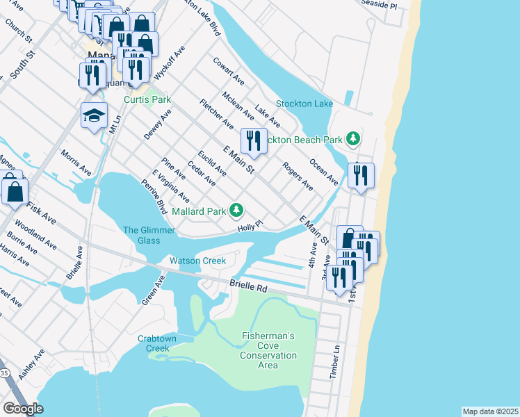 map of restaurants, bars, coffee shops, grocery stores, and more near 448 Cedar Avenue in Manasquan