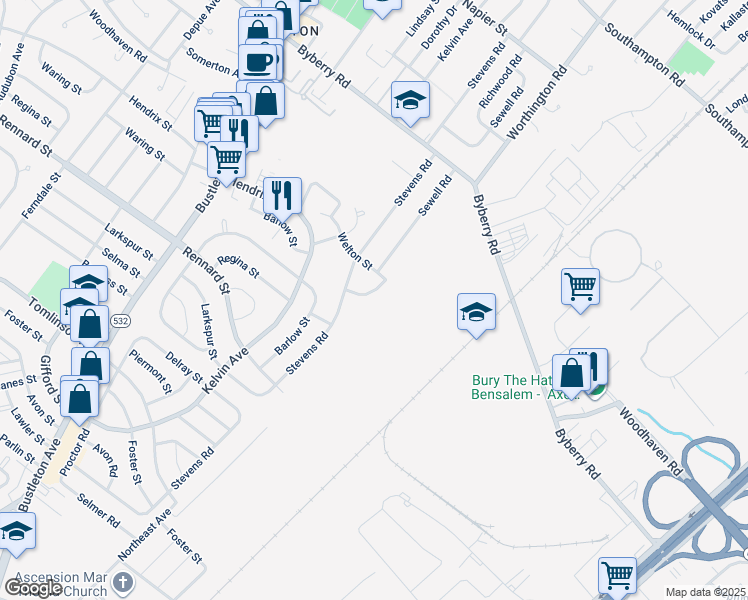 map of restaurants, bars, coffee shops, grocery stores, and more near 11861 Sewell Road in Philadelphia