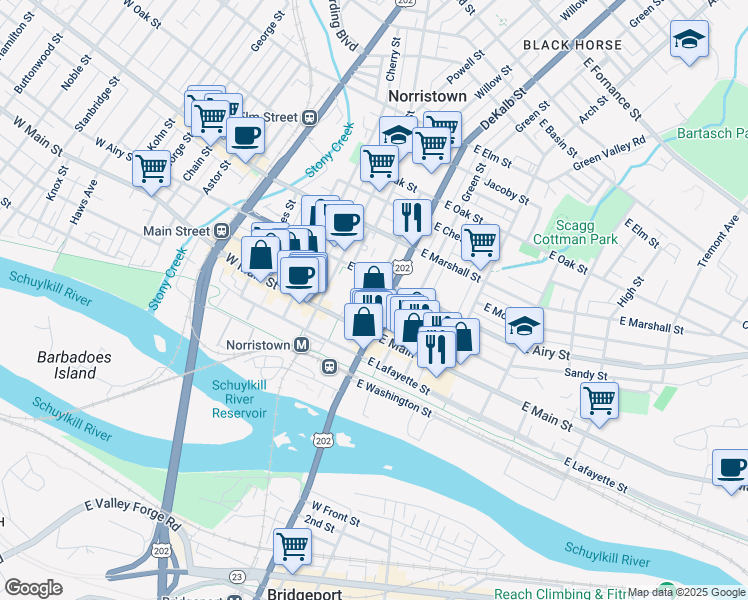 map of restaurants, bars, coffee shops, grocery stores, and more near 333 U.S. 202 in Norristown