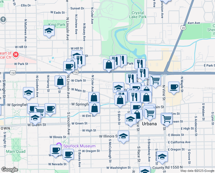 map of restaurants, bars, coffee shops, grocery stores, and more near 506 West Griggs Street in Urbana