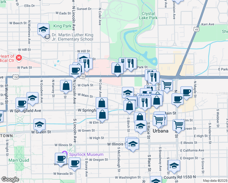 map of restaurants, bars, coffee shops, grocery stores, and more near 506 West Griggs Street in Urbana