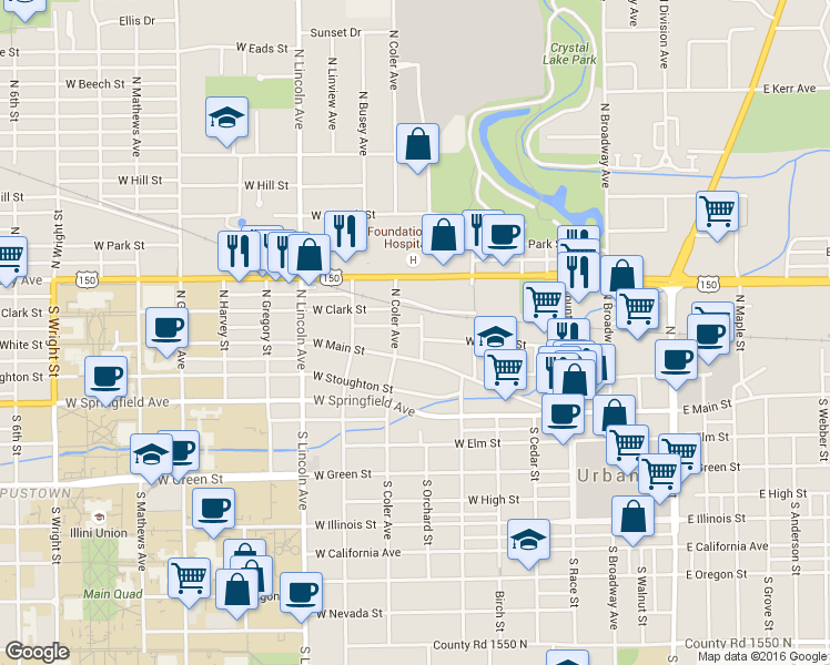 map of restaurants, bars, coffee shops, grocery stores, and more near 303 North Orchard Street in Urbana