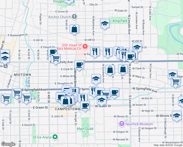 map of restaurants, bars, coffee shops, grocery stores, and more near 300-302 North Mathews Avenue in Urbana
