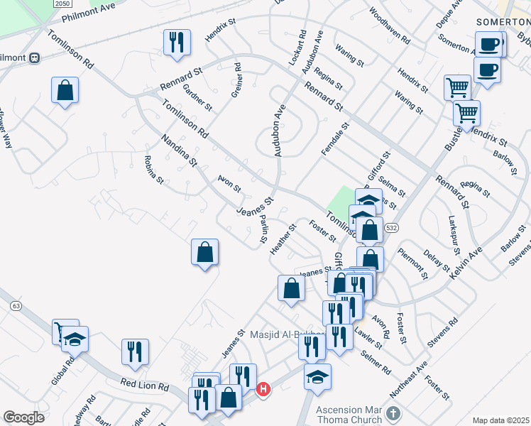 map of restaurants, bars, coffee shops, grocery stores, and more near 492 Parlin Street in Philadelphia
