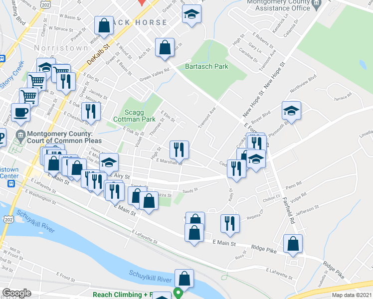 map of restaurants, bars, coffee shops, grocery stores, and more near 815 Tremont Avenue in Norristown