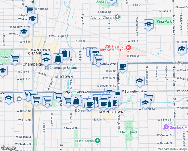 map of restaurants, bars, coffee shops, grocery stores, and more near 210 South 4th Street in Champaign