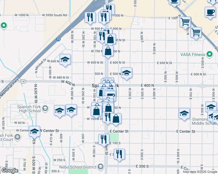 map of restaurants, bars, coffee shops, grocery stores, and more near 32 East 400 North in Spanish Fork