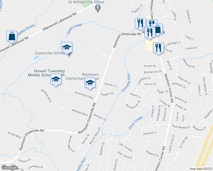 map of restaurants, bars, coffee shops, grocery stores, and more near 5 Davids Lane in Howell Township