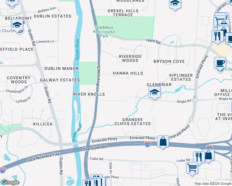 map of restaurants, bars, coffee shops, grocery stores, and more near 4700 Bright Rd in Dublin