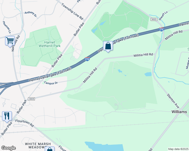 map of restaurants, bars, coffee shops, grocery stores, and more near 5172 Militia Hill Road in Plymouth Meeting