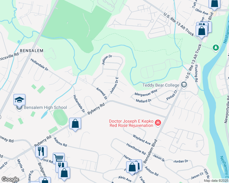 map of restaurants, bars, coffee shops, grocery stores, and more near 1387 Abbey Way in Bensalem