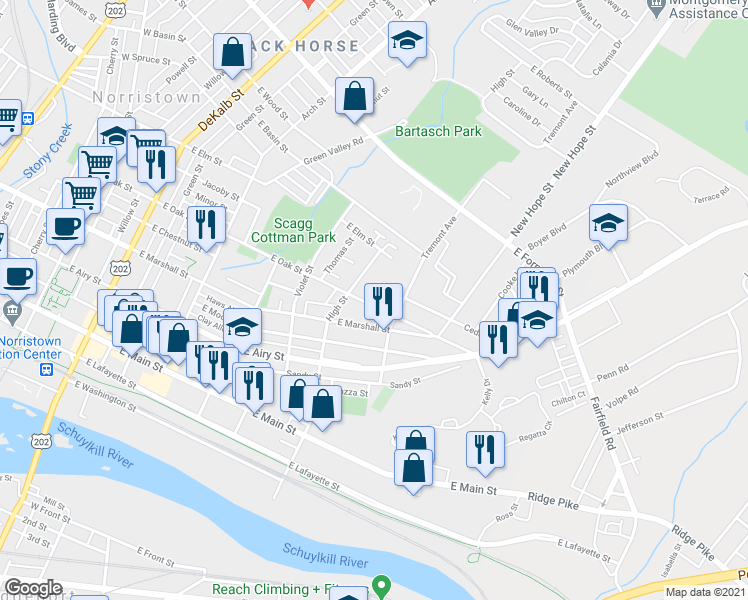 map of restaurants, bars, coffee shops, grocery stores, and more near 627 East Oak Street in Norristown
