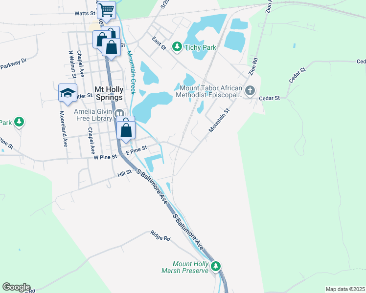 map of restaurants, bars, coffee shops, grocery stores, and more near 203 East Pine Street in Mount Holly Springs