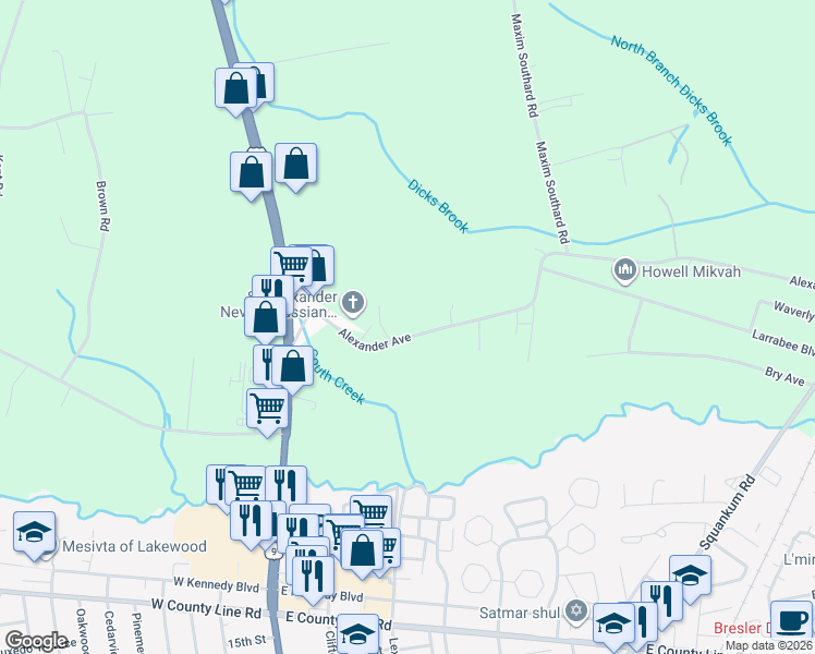 map of restaurants, bars, coffee shops, grocery stores, and more near 258 Alexander Avenue in Howell Township
