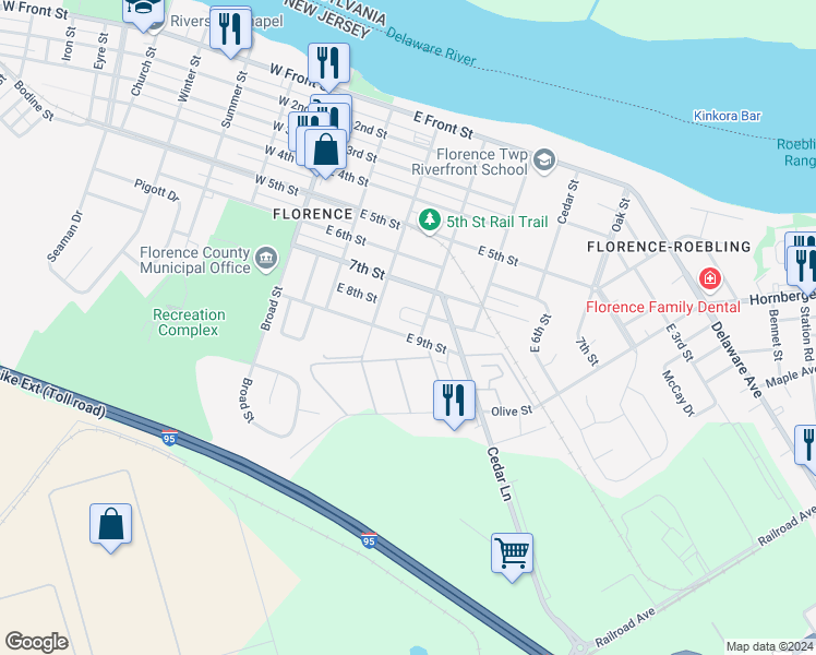 map of restaurants, bars, coffee shops, grocery stores, and more near 713 Baird Drive in Florence