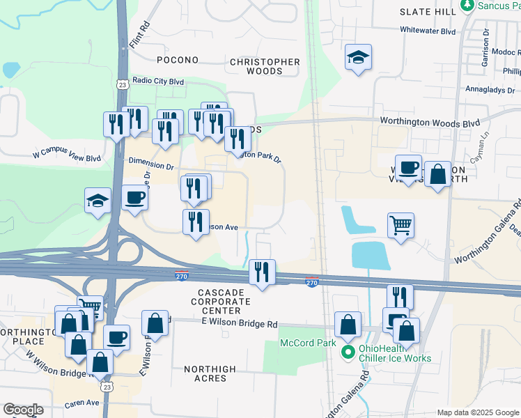 map of restaurants, bars, coffee shops, grocery stores, and more near 346 Hutchinson Avenue in Columbus