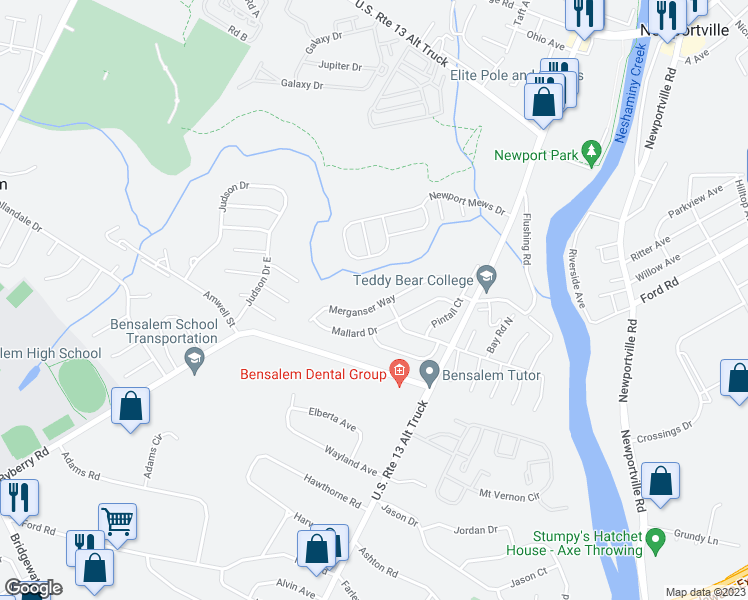 map of restaurants, bars, coffee shops, grocery stores, and more near 5221 Merganser Way in Bensalem