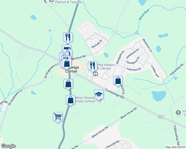 map of restaurants, bars, coffee shops, grocery stores, and more near 225 Windgate Drive in Chester Springs