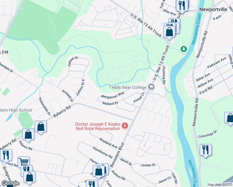 map of restaurants, bars, coffee shops, grocery stores, and more near 5221 Merganser Way in Bensalem