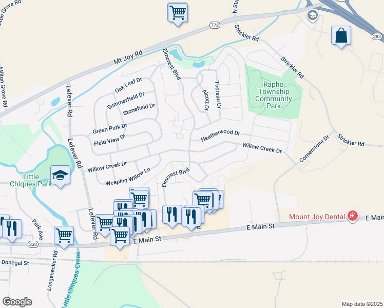 map of restaurants, bars, coffee shops, grocery stores, and more near 1302 Willow Creek Drive in Mount Joy