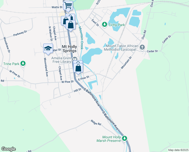 map of restaurants, bars, coffee shops, grocery stores, and more near 26 East Pine Street in Mount Holly Springs