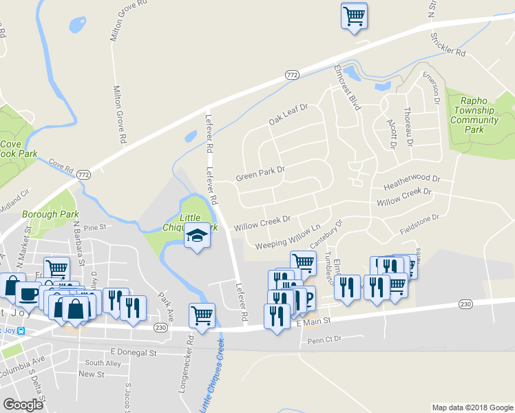 map of restaurants, bars, coffee shops, grocery stores, and more near 4091 Green Park Drive in Mount Joy