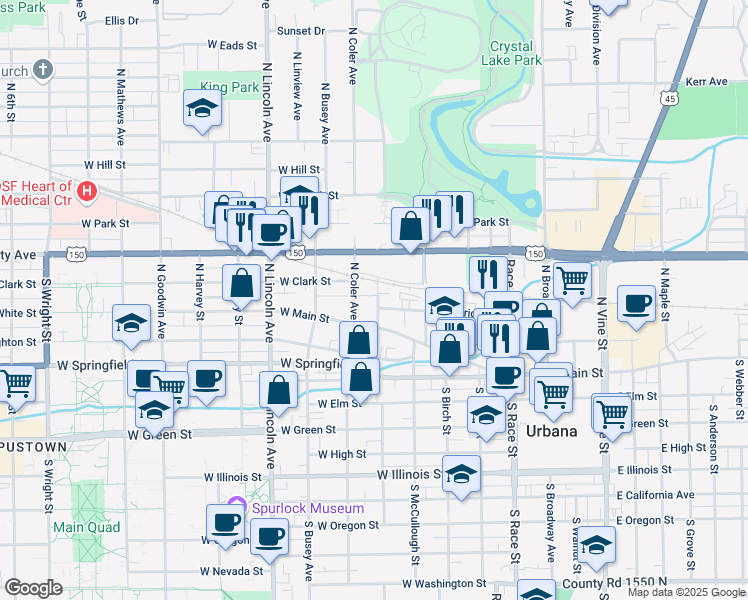 map of restaurants, bars, coffee shops, grocery stores, and more near 315 North Orchard Street in Urbana