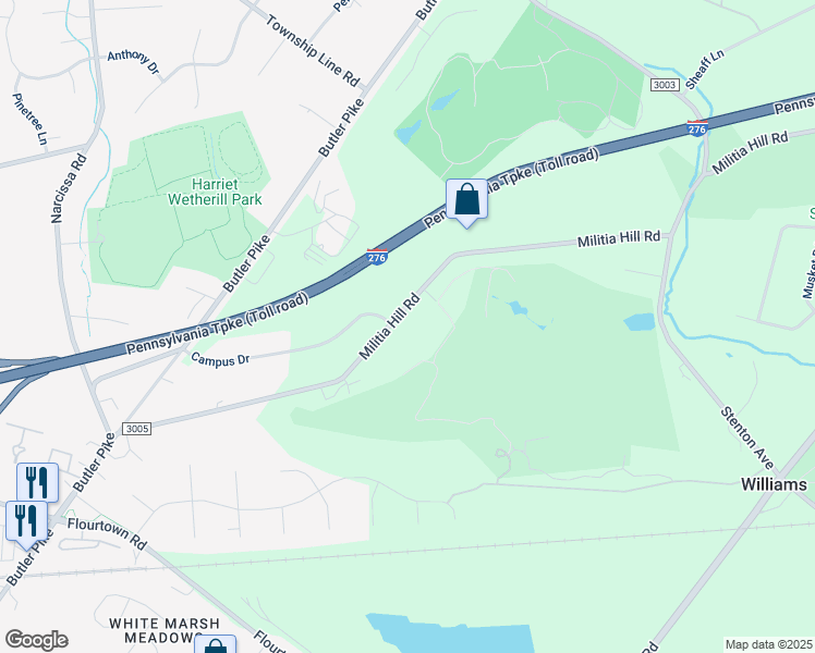 map of restaurants, bars, coffee shops, grocery stores, and more near 5172 Militia Hill Road in Plymouth Meeting