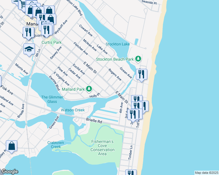 map of restaurants, bars, coffee shops, grocery stores, and more near 5 1/2 Watson Place in Manasquan