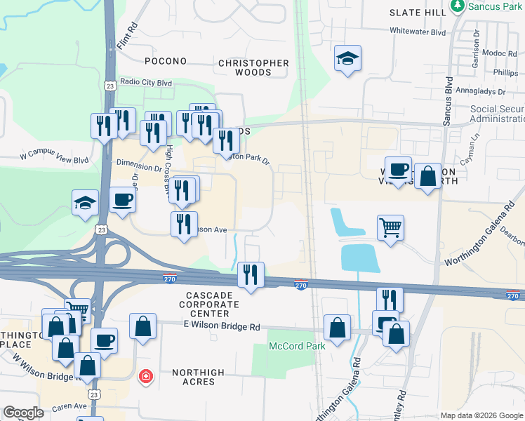 map of restaurants, bars, coffee shops, grocery stores, and more near 346 Hutchinson Avenue in Columbus