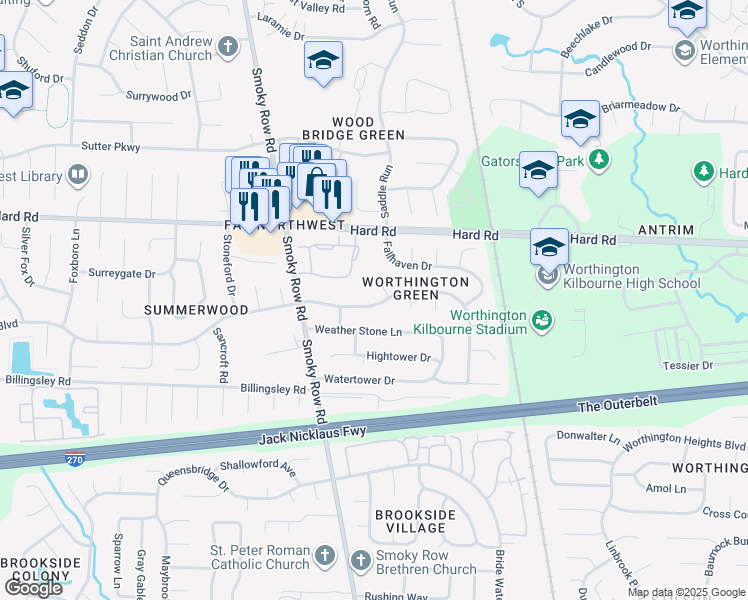 map of restaurants, bars, coffee shops, grocery stores, and more near 1768 Gardenstone Drive in Columbus