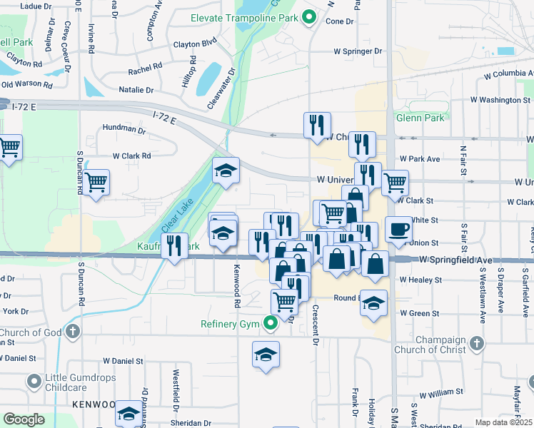 map of restaurants, bars, coffee shops, grocery stores, and more near 116 Kenwood Rd in Champaign