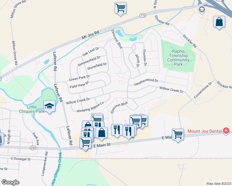 map of restaurants, bars, coffee shops, grocery stores, and more near 1287 Cantebury Drive in Manheim