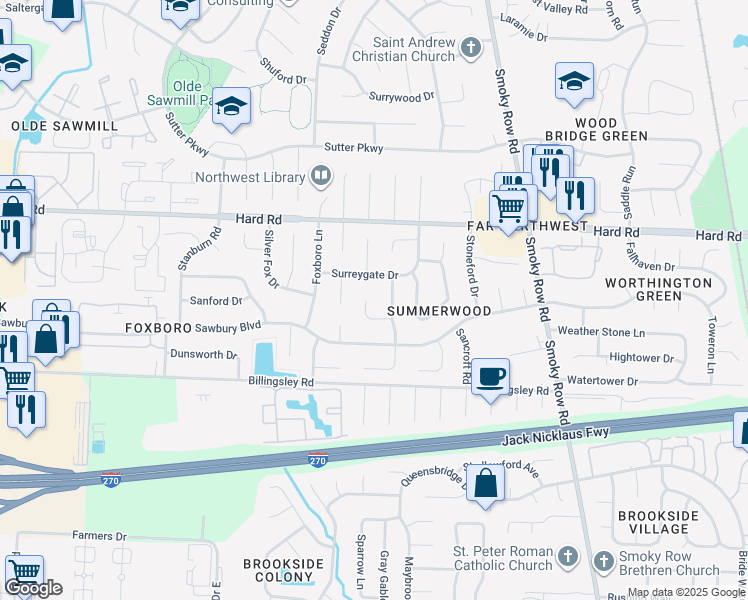 map of restaurants, bars, coffee shops, grocery stores, and more near 2192 Shademont Court in Columbus